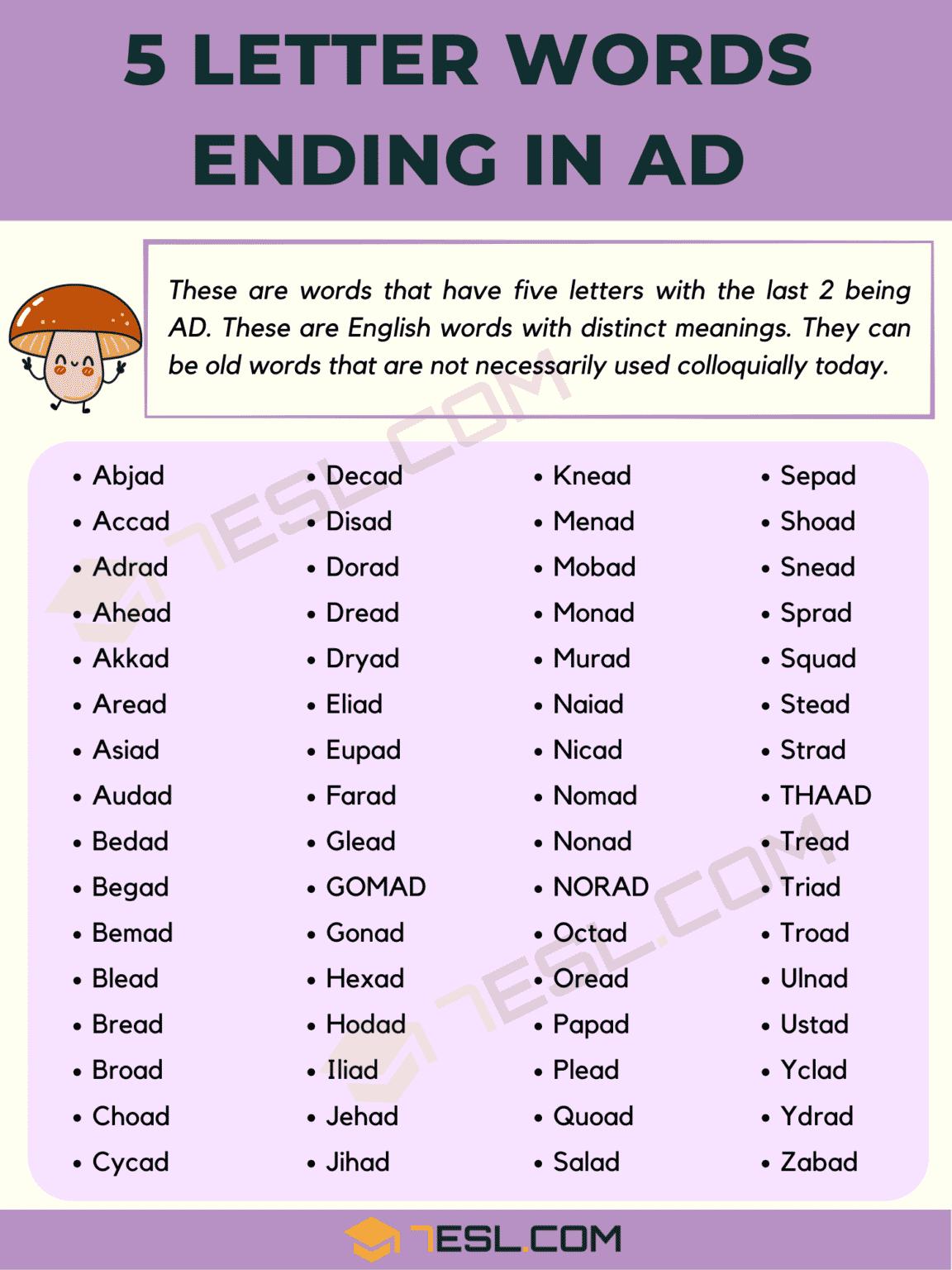 5-letter Words Ending In A D