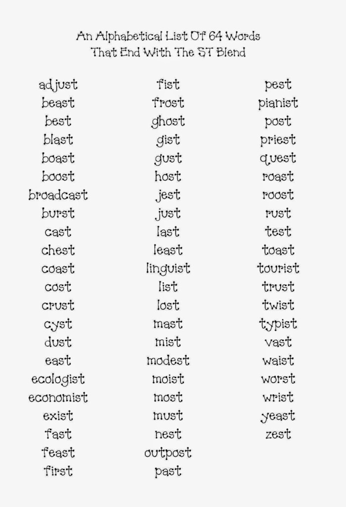 5 Letter Words With St At The End